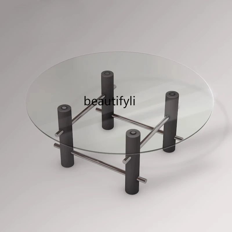 

Vintage Style Stainless Steel Glass Coffee Table Modern Simple Round Low Table Tempered Glass Living Room Home Use