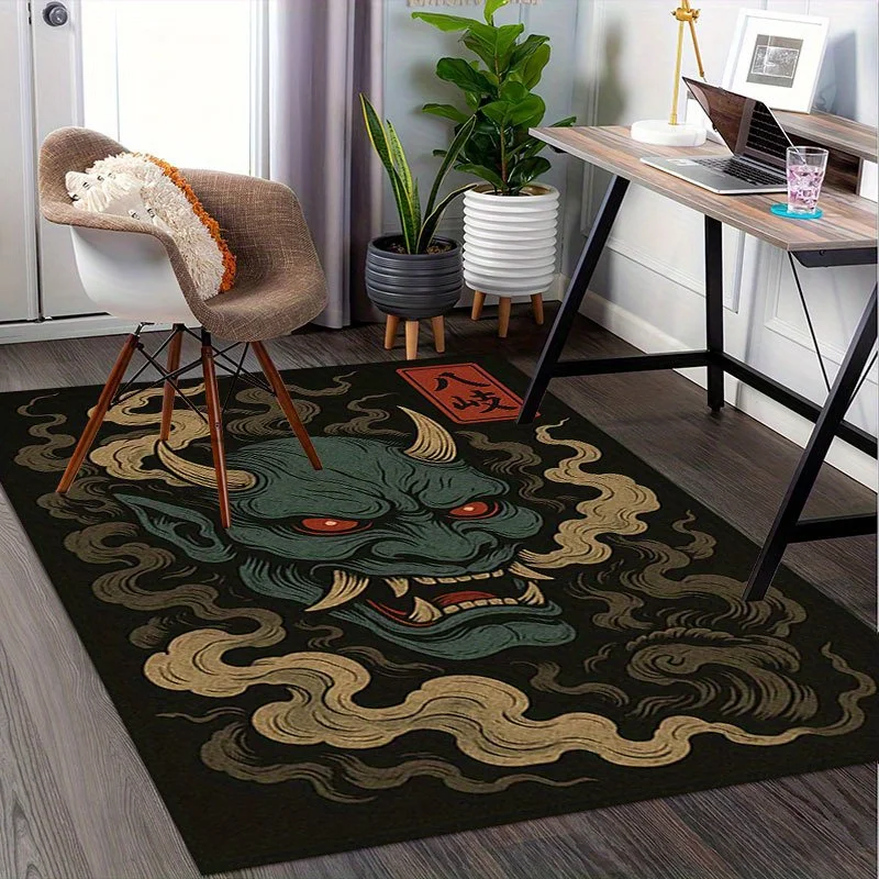 Japanese Oni Demon Print Decor Rug, Gothic Style Floor Mat for Living Room, Bedroom, Gaming Area
