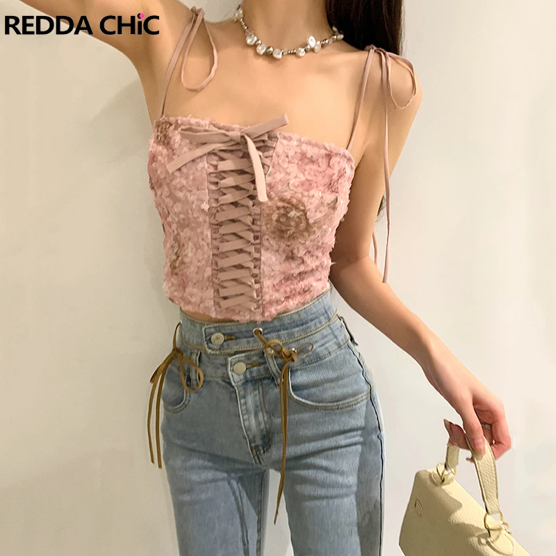 

ReddaChic Medieval Retro Lace-up Tube Top Women Pink Fairy Y2k Jacquard Crop Top Strappy Patchwork Lace Medieval Retro Camisole