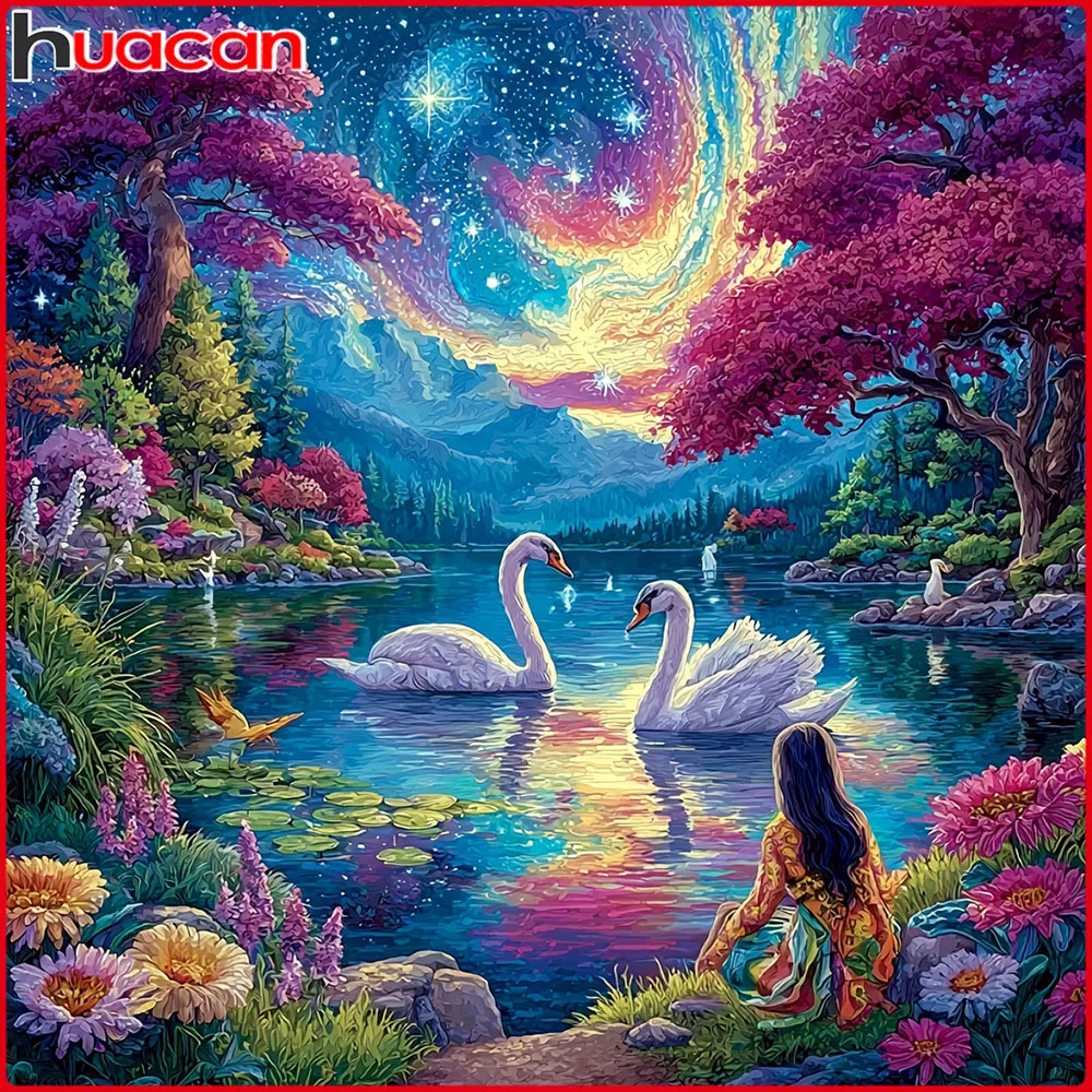Huacan 5D-Diamantgemälde zum Selbermachen, Schwanensee, Landschaft, Diamantmosaik, Tier, komplettes Kit, Bild von Strasssteinen