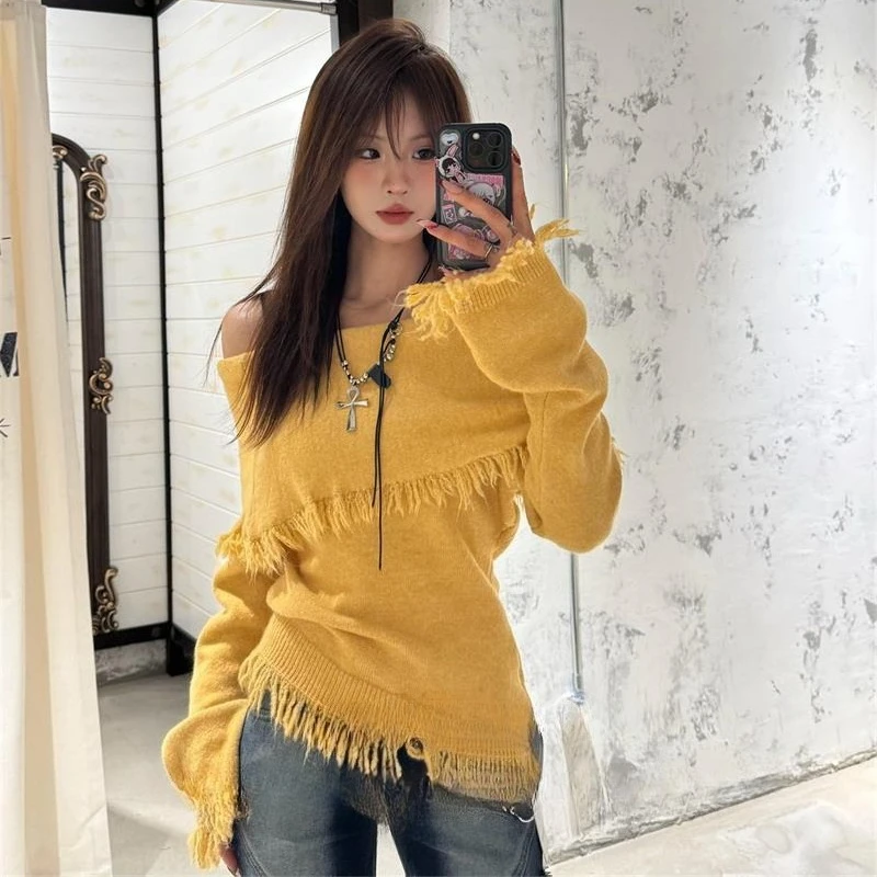 

Yellow Elegant Women Tassel Sweater Gray Off Shoulder Asymmetrical Korean Fashion Knit Pullovers Slim Old Money Winter