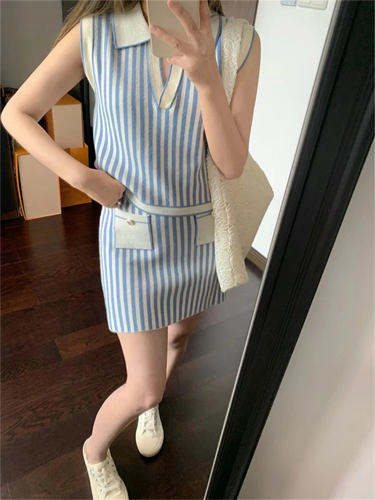 Colorfaith WS9930DG 2024 Elegant Knitted Striped Sets 2 Pieces Korean Fashion Tops With Mini Skirts Spring Summer Women Suits