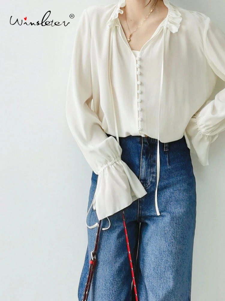 

Winsleter-100%Real Silk Elegant Shirt, Ruffled Solid, Women French Princess Style Temperament Blouse, 2026 Spring New T62536CC