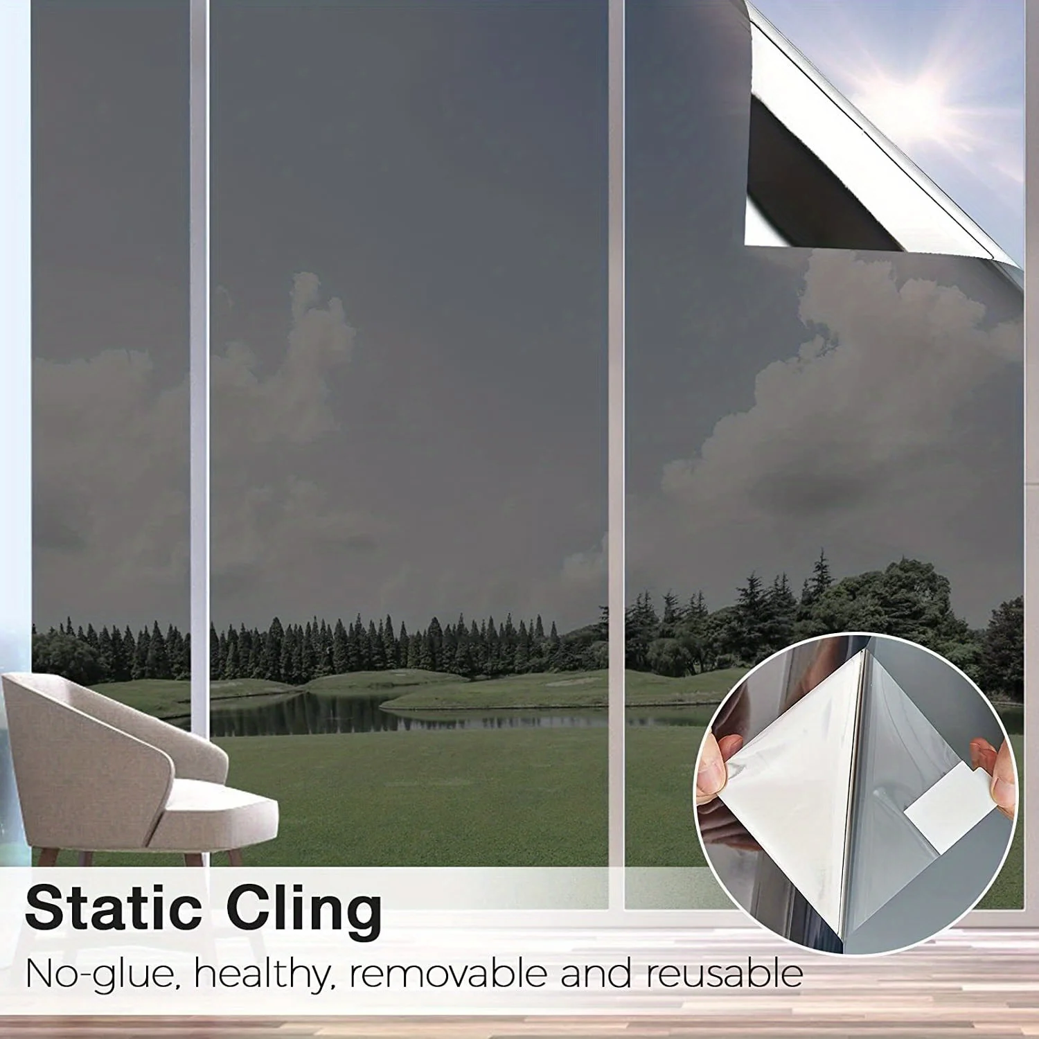 One Way Mirror Privacy Window Film UV Protection Heat Control Static Cling Removable for Home Office Glass
