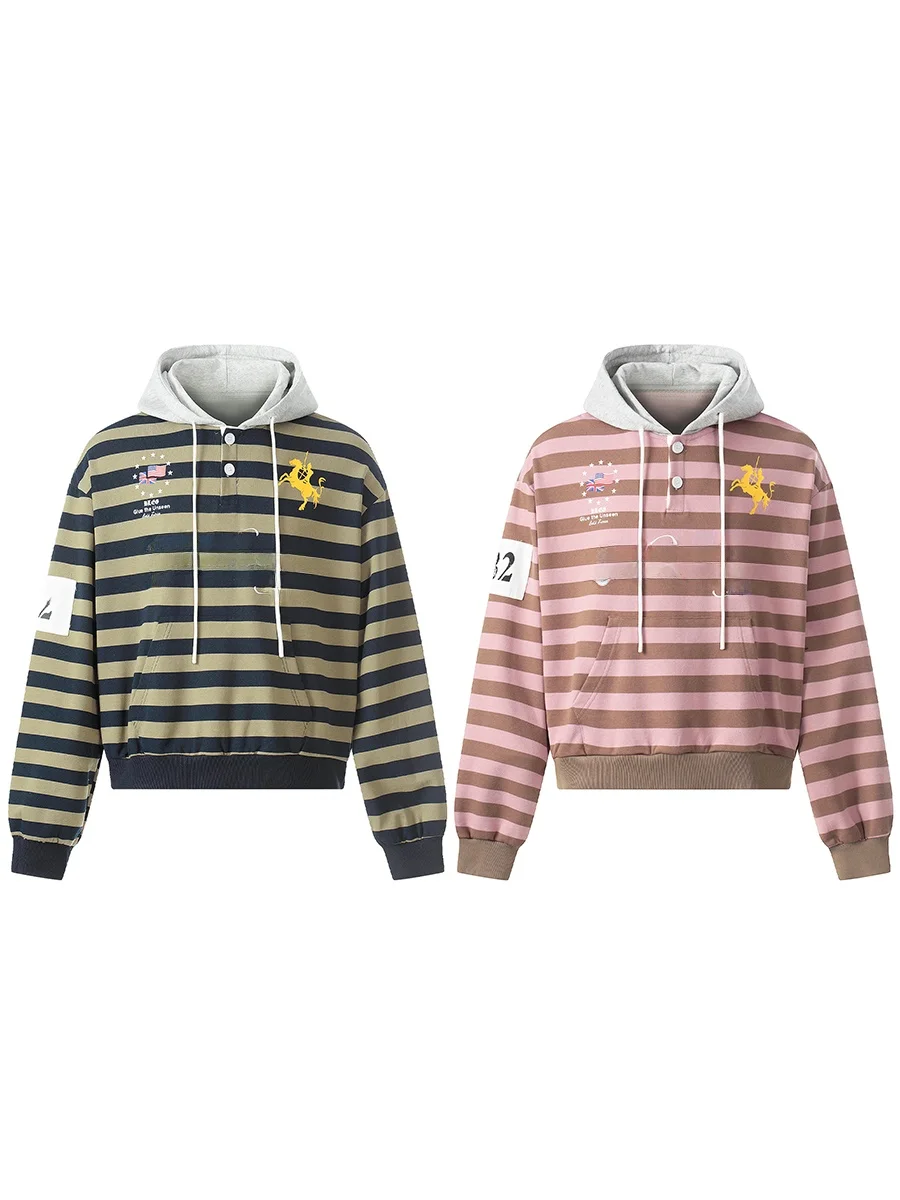 

TR Bruift American Retro Striped Color Blo Hoodie ex Spring Loose Casual Hooded Sweatirt Trendy Long Sve