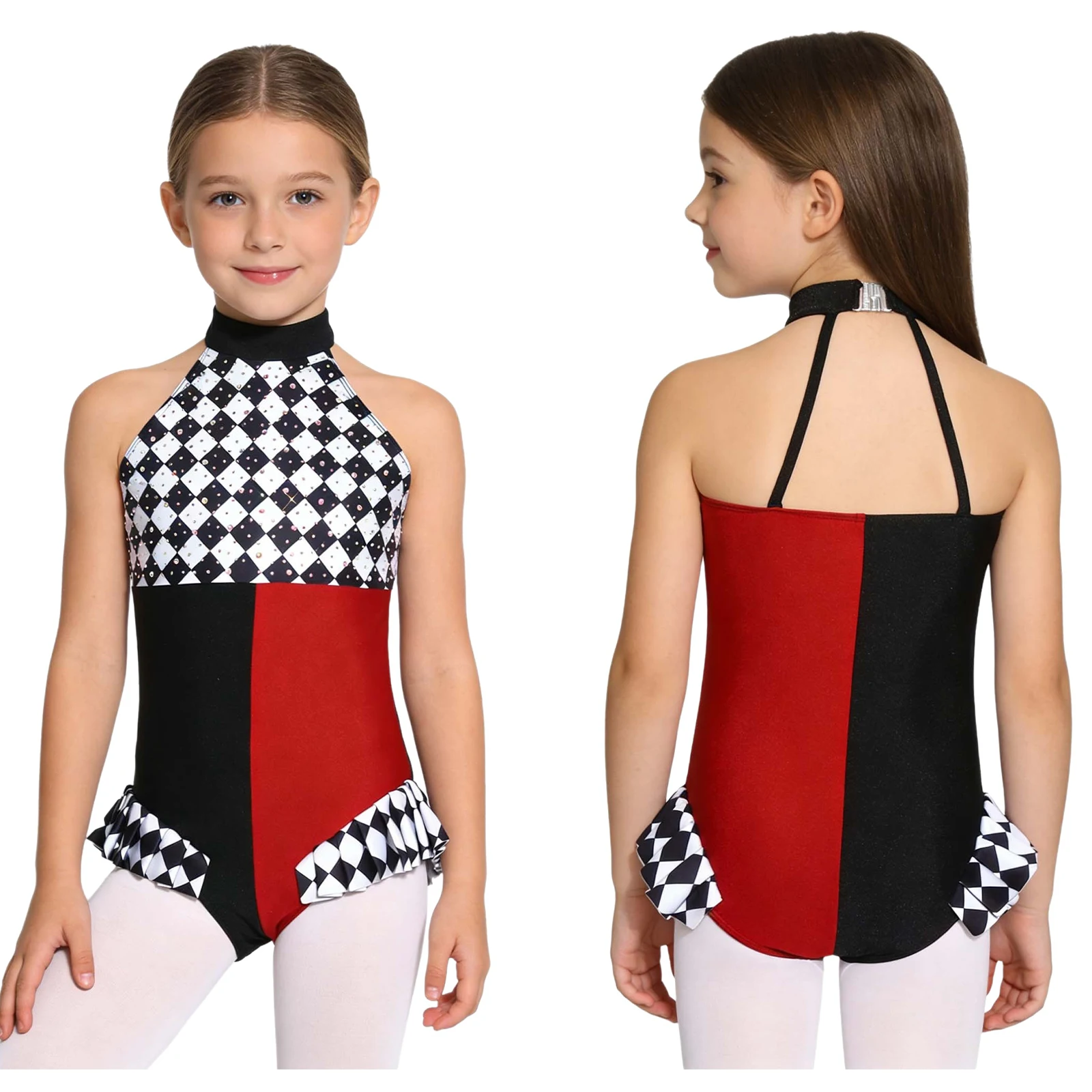 

Kids Girls Clown Jumpsuit Sparkly Rhinestones Halter Sleeveless Plaid Pattern Bodysuit Gymnastics Ballet Dance Leotards Jumpsuit
