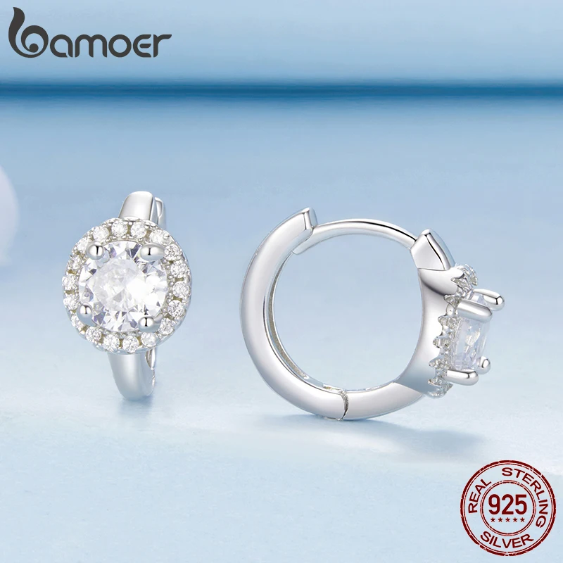 BAMOER Gold Plated Brilliant Round Faux Diamond Halo Earrings, 925 Sterling Silver Premium Cubic Zirconia Trend Hoop Earrings