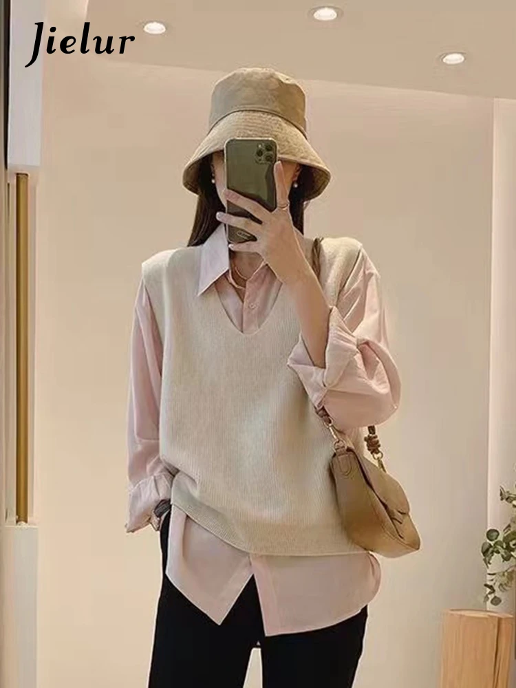 Jielur New Korean Style Sleeveless Knitting V-neck Female Sweater Vest Loose Casual Office Ladies Autumn Women\'s Sweater Vest