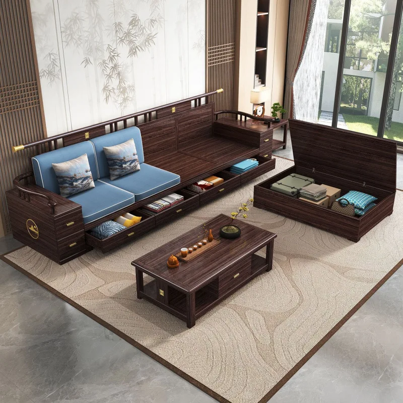 Ebony solid wood sofa combination living room size apartment winter and summer multi-functional drawer storage