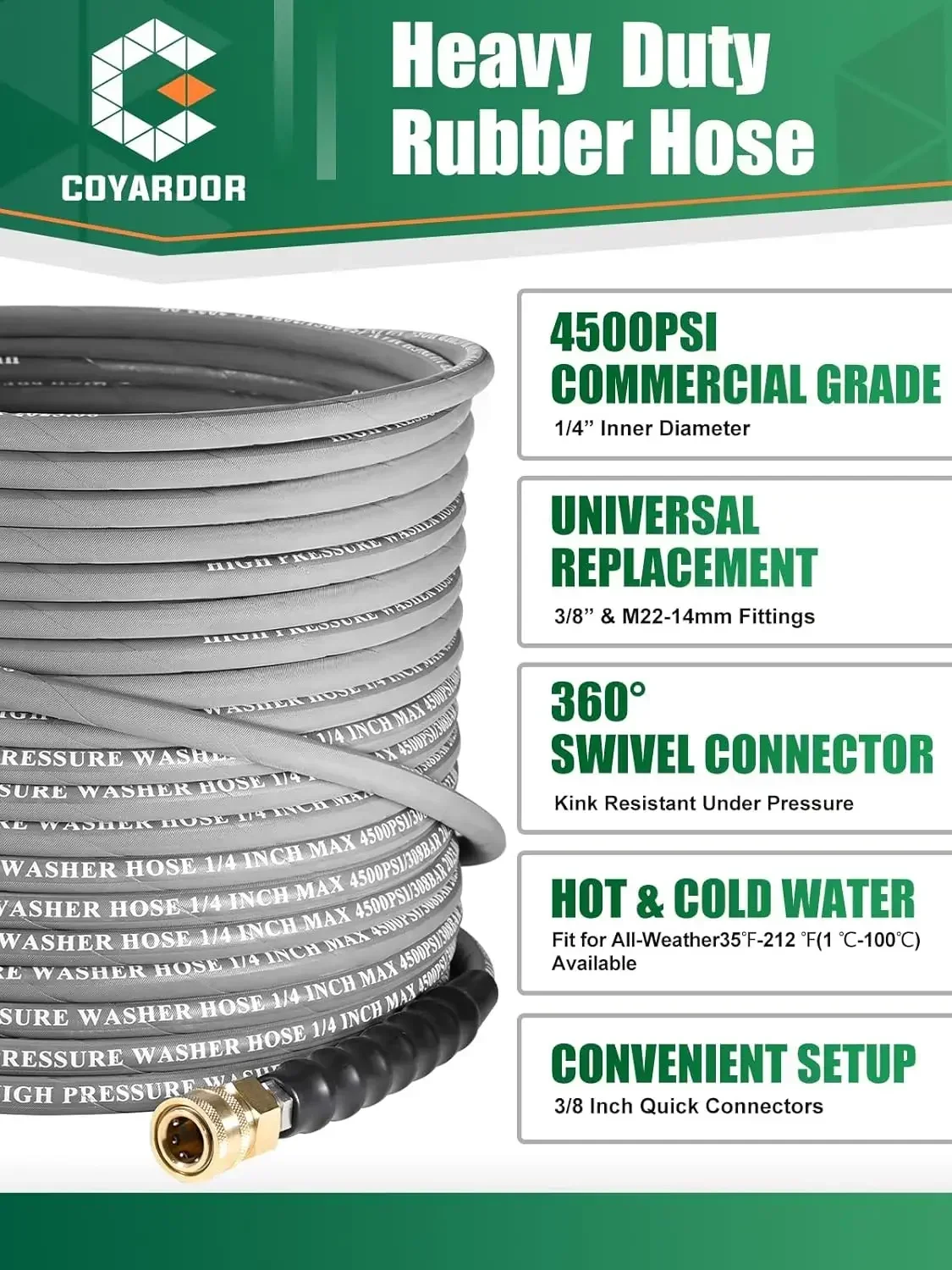 Washer Hose 100 FT 4500 PSI, Steel Braided Layer & NonMarking Rubber for Hot/Cold Water High Power Washer Replacement With 3/8 I