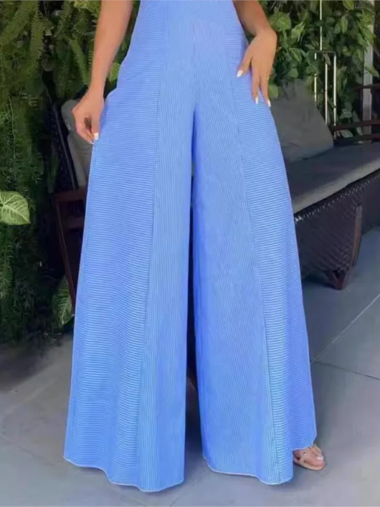 Striped Printed Jumpsuit Woman Fashion Sling Hollowing Out High Waist Wide-leg Jumpsuits Autumn Lady One-piece Pants Streetwear