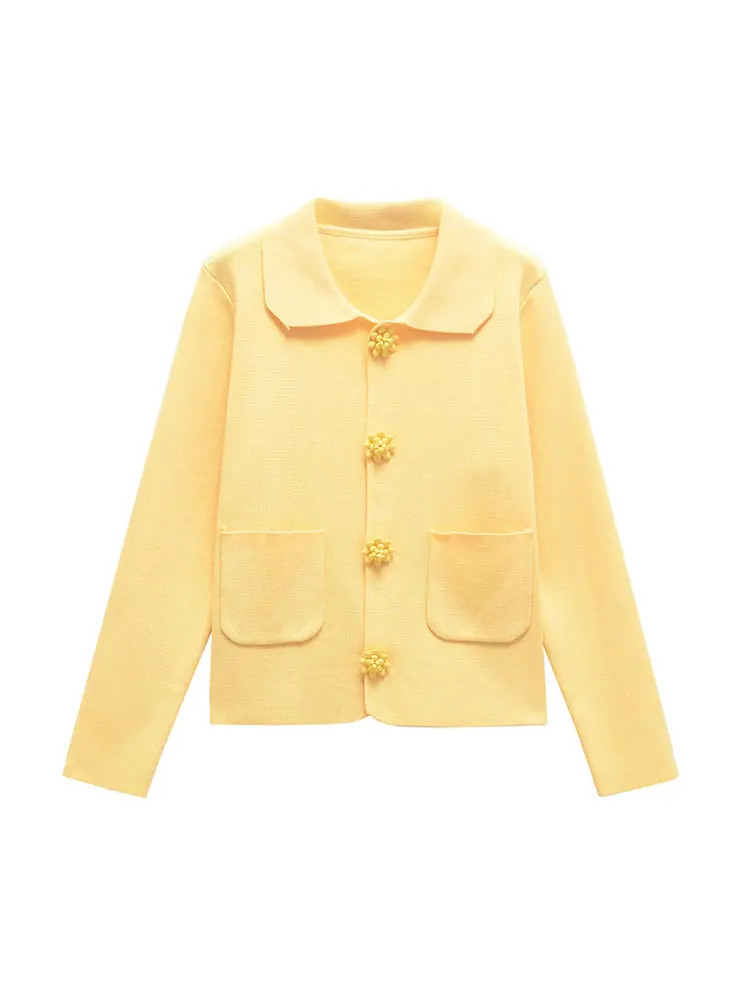 

Женский модный вязаный кардиган с пуговицами из бисера, свитер с длинными рукавами и накладными карманами, женская верхняя одежда, шикарные топы