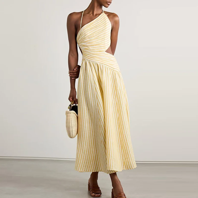 Sexy asymmetrische gestreepte bedrukte vakantiejurk damesmode mouwloze hoge taille lange jurk casual backless sling feestjurk