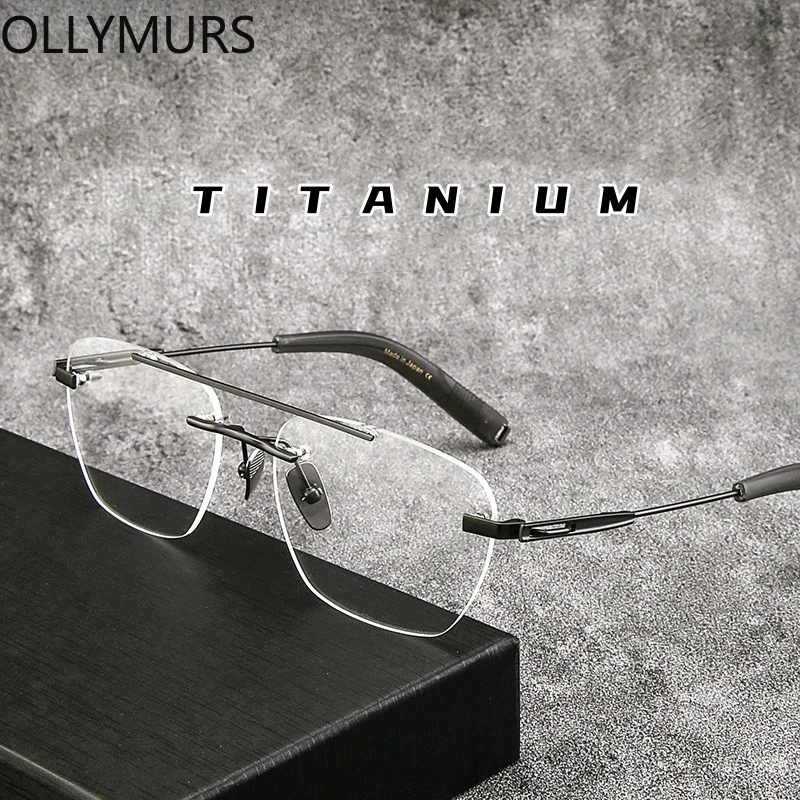 

OLLYMURS Ultra-light Fashion Luxury Eyewear Double Beam Retro Pure Titanium Optical Prescription Rimless Glasses Men and Women