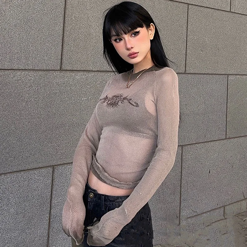 Cyber Gothic Mesh See Through T-shirts Techwear Fashion Y2k Streetwear Crop Tops Long Sleeve Bodycon Women Sexy Outfit