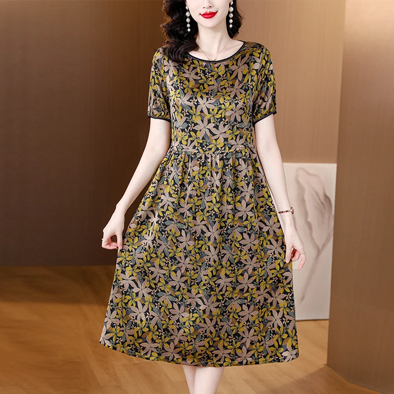 여름 여성 새틴 빈티지 럭셔리 Bodycon 드레스 2025 사무실 노란색 꽃 실크 미디 드레스 우아한 캐주얼 나이트 파티 Vestidos