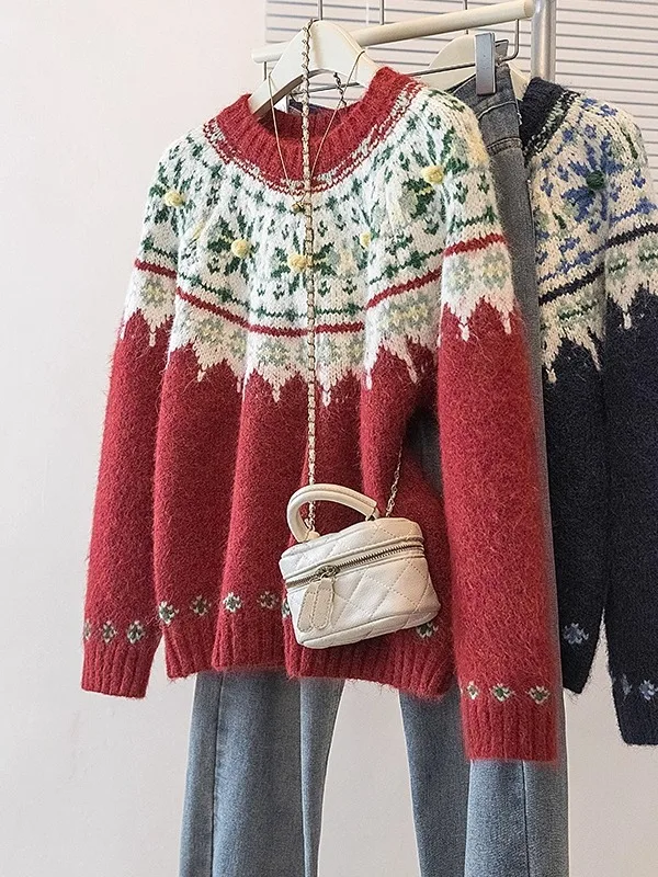 

Свитер Cisas Aosphere Thiened Island Knitwear женский свободного кроя, красный, с ретро-цветочным узором, больших размеров