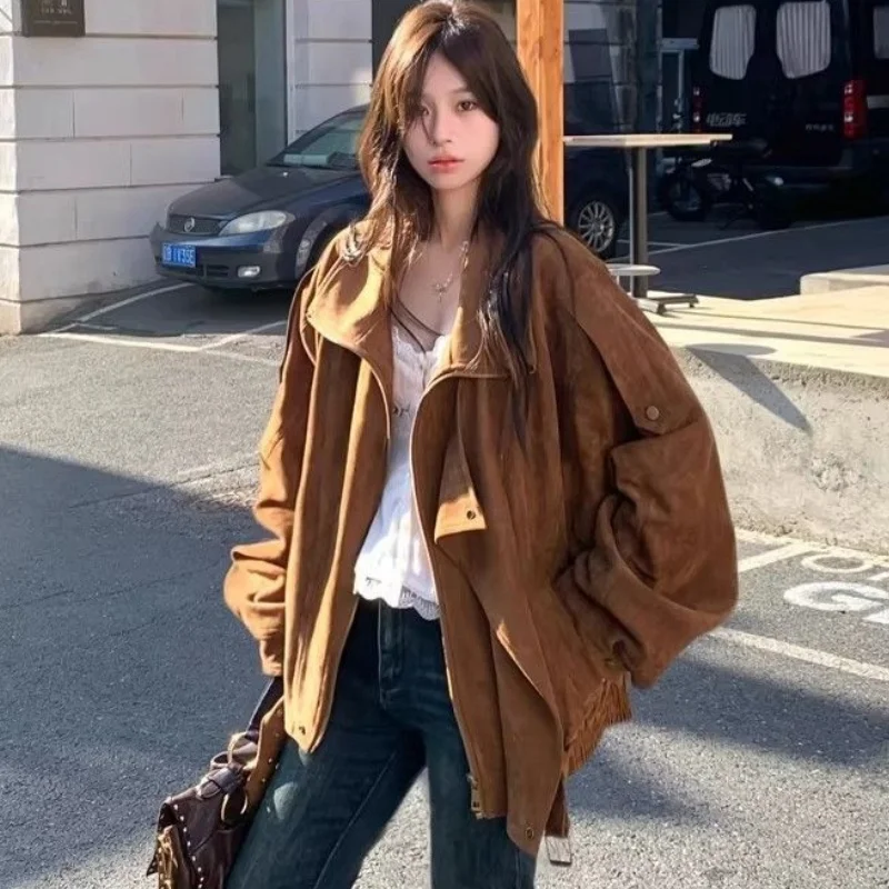 Girls Retro Suede Jacket 2026 Autumn Women Solid High Street Loose Silhouette Lapel Locomotive Casual Streetwear Jacke
