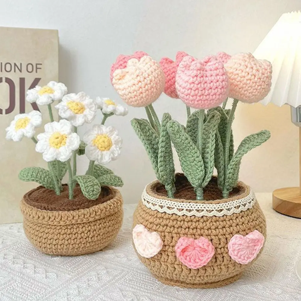 Tulip Potted Plant Crochet Kit Multicolored Yarn Flower Crochet Kit DIY Home Decoration Handmade Crafts Lovers Knitting Kit