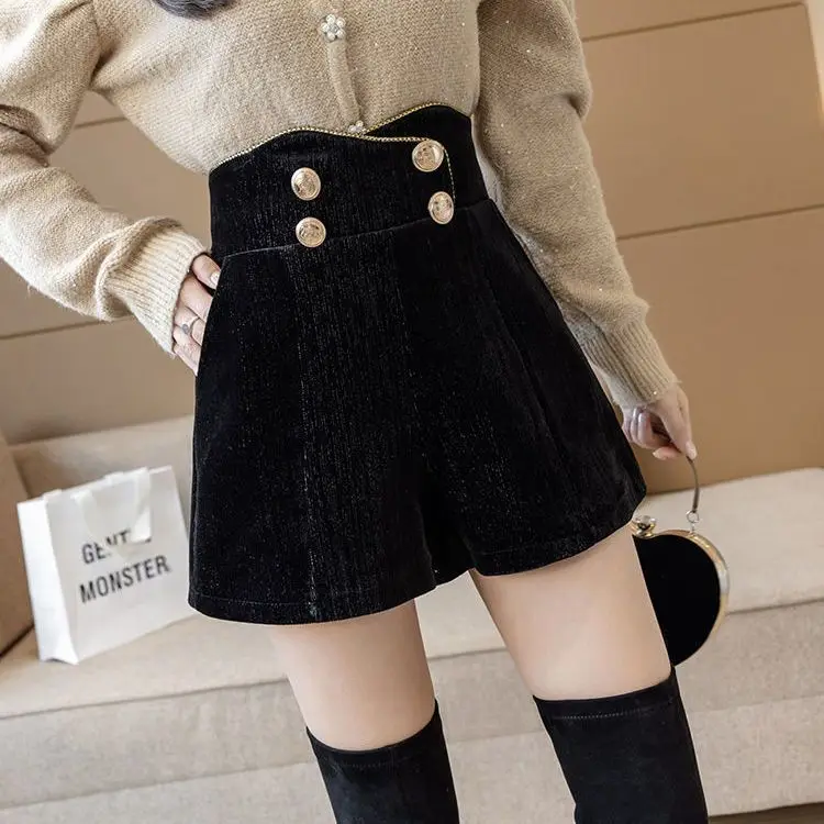 Korean version of bright silk corduroy wide-leg pants women's double-breasted irregular casual short pants slim boots pants