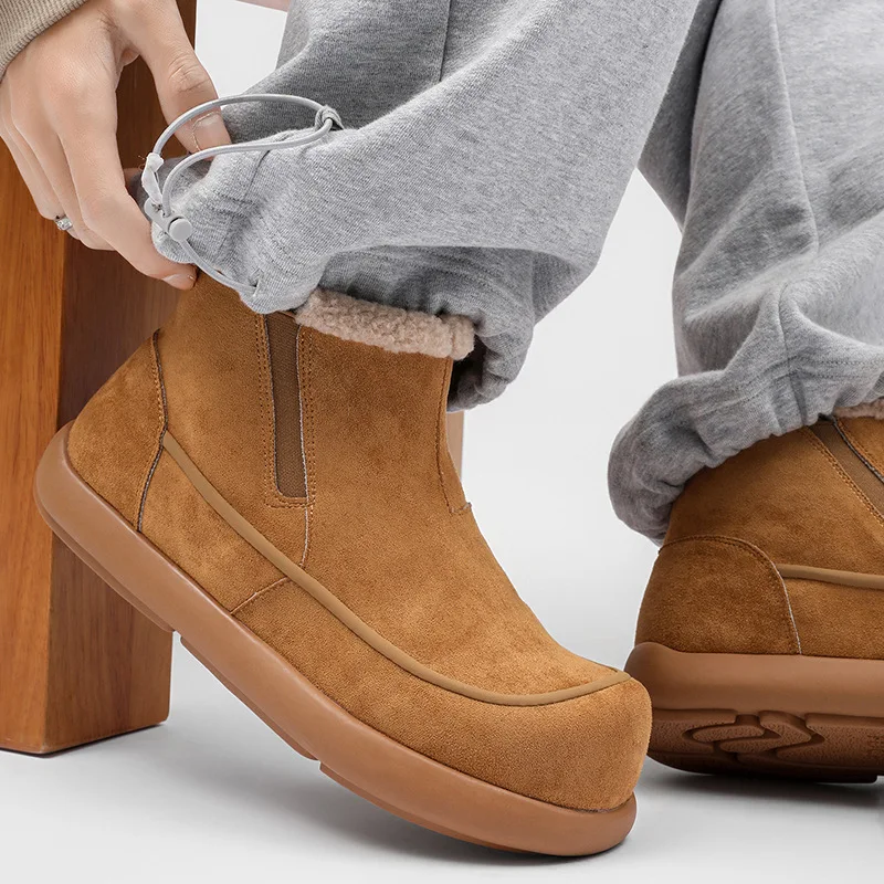 

plus size mens casual outdoors cotton snow boots slip-on cow suede leather winter shoes cowboy platform boot big toe ankle botas