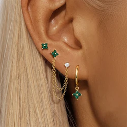 Exquisite Green Zircon Flower Hoop Earrings 18K Gold Plated Stainless Steel Chain Piercing Earring Luxury Jewelry aretes mujer