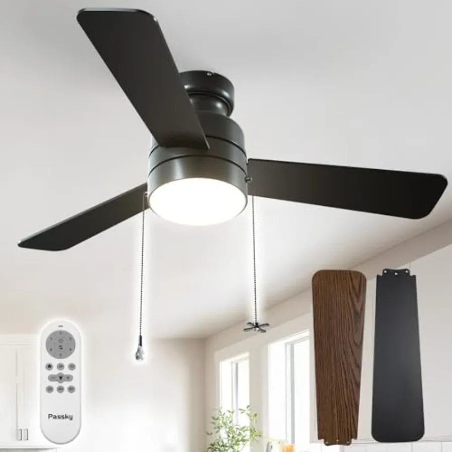 

Bedroom ceiling fan with light: 42-inch low-profile flush mount, black finish, reversible motor, 3CCT dimmable LED, noiseless o