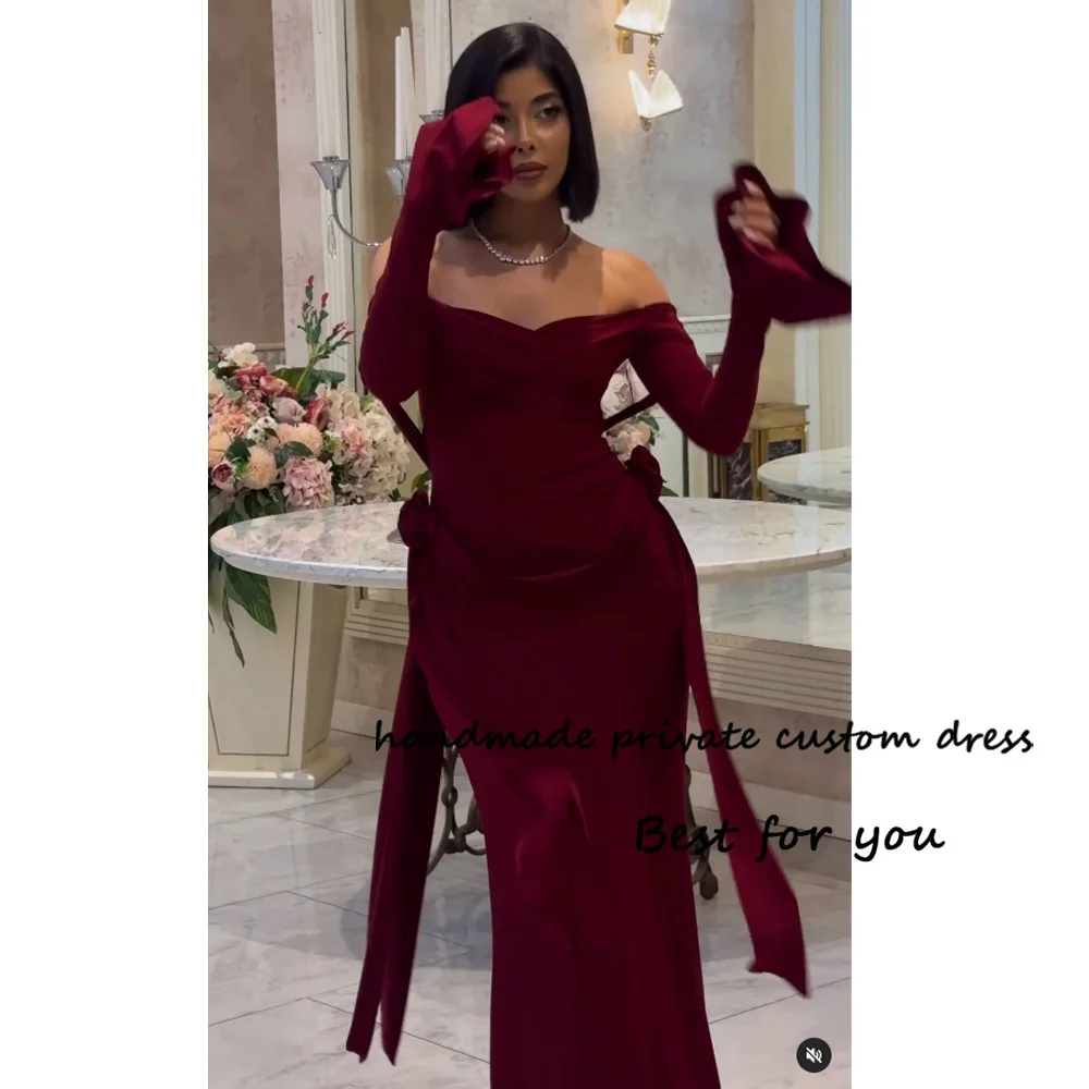 

Burgundy Mermaid Evening Dresses 3/4 Sleeve Spandex Satin Formal Dress with Flower Floor Length Prom Party Gowns