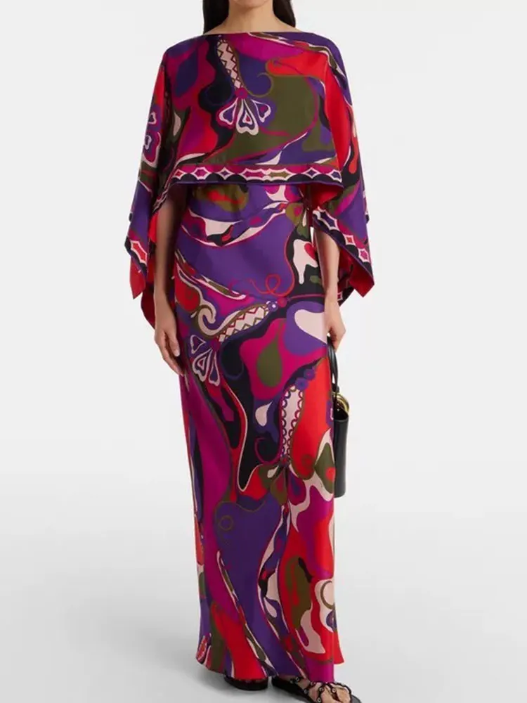 26 Frühlings- und Sommer-Damenkleider mit neuem geometrischem Muster, Trägerkleid mit Schal, zweiteiliges, modisches, elegantes langes Kleid mit Umhang-Set