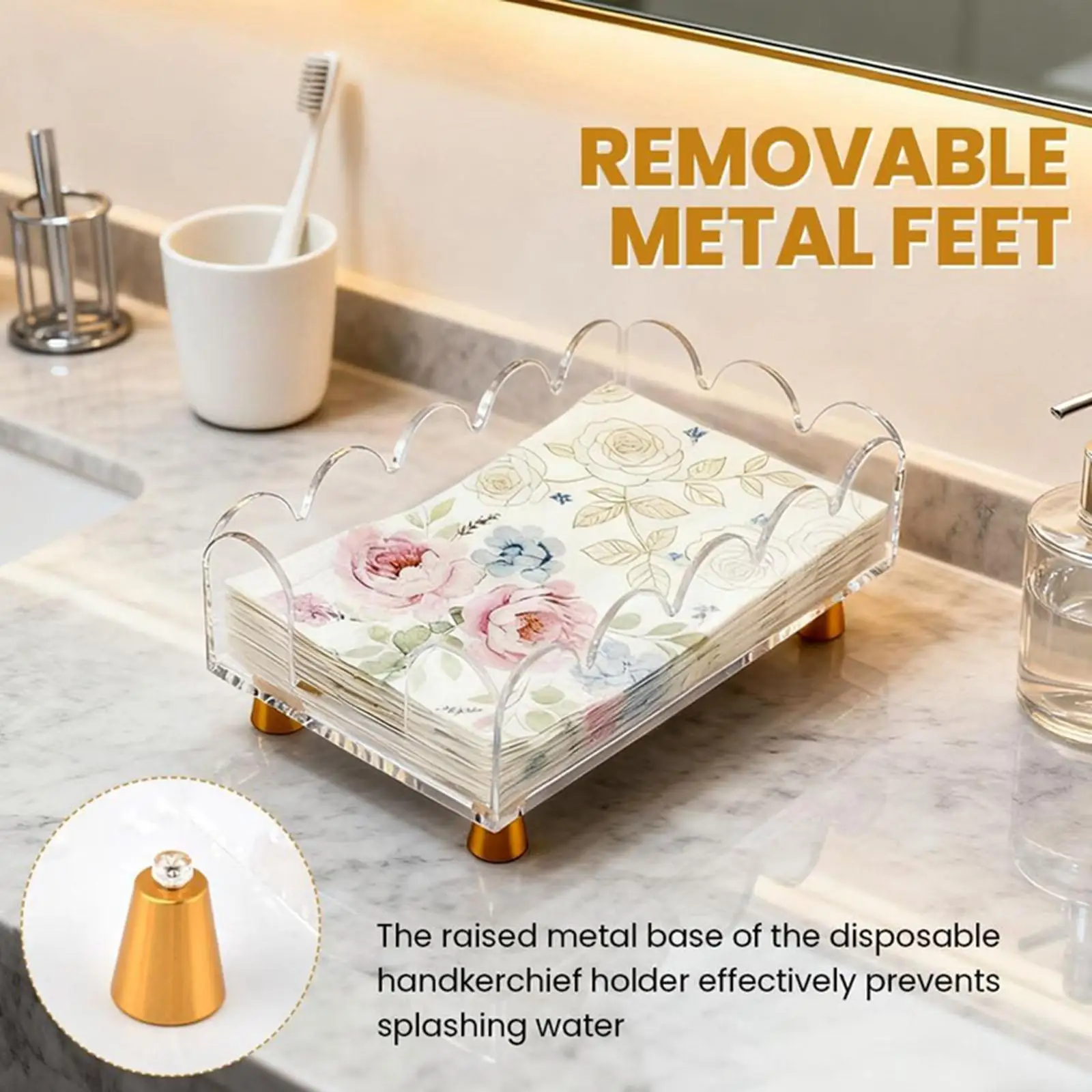 Acrylic Tissue Box Cover Removable Metal Legs Towel Dispenser Anti Splash Tissue Holder for Bedroom Hotel Use