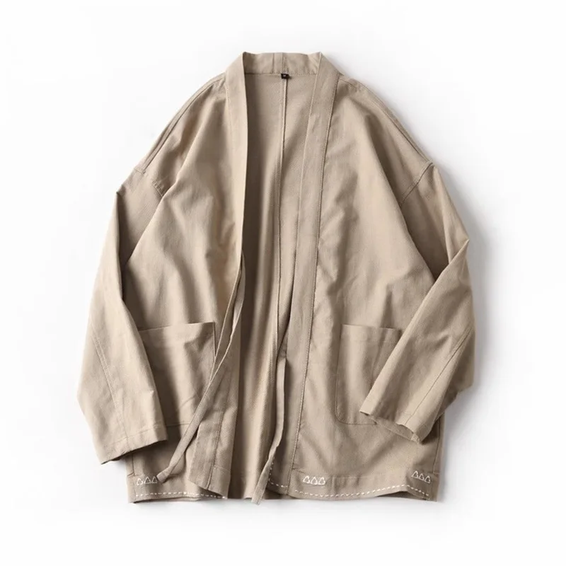 Bottom White Embroidery Men 100% Cotton Kimono Jacket Stand Collar Japan Style Open Placket Japanese Haori Spring Thin