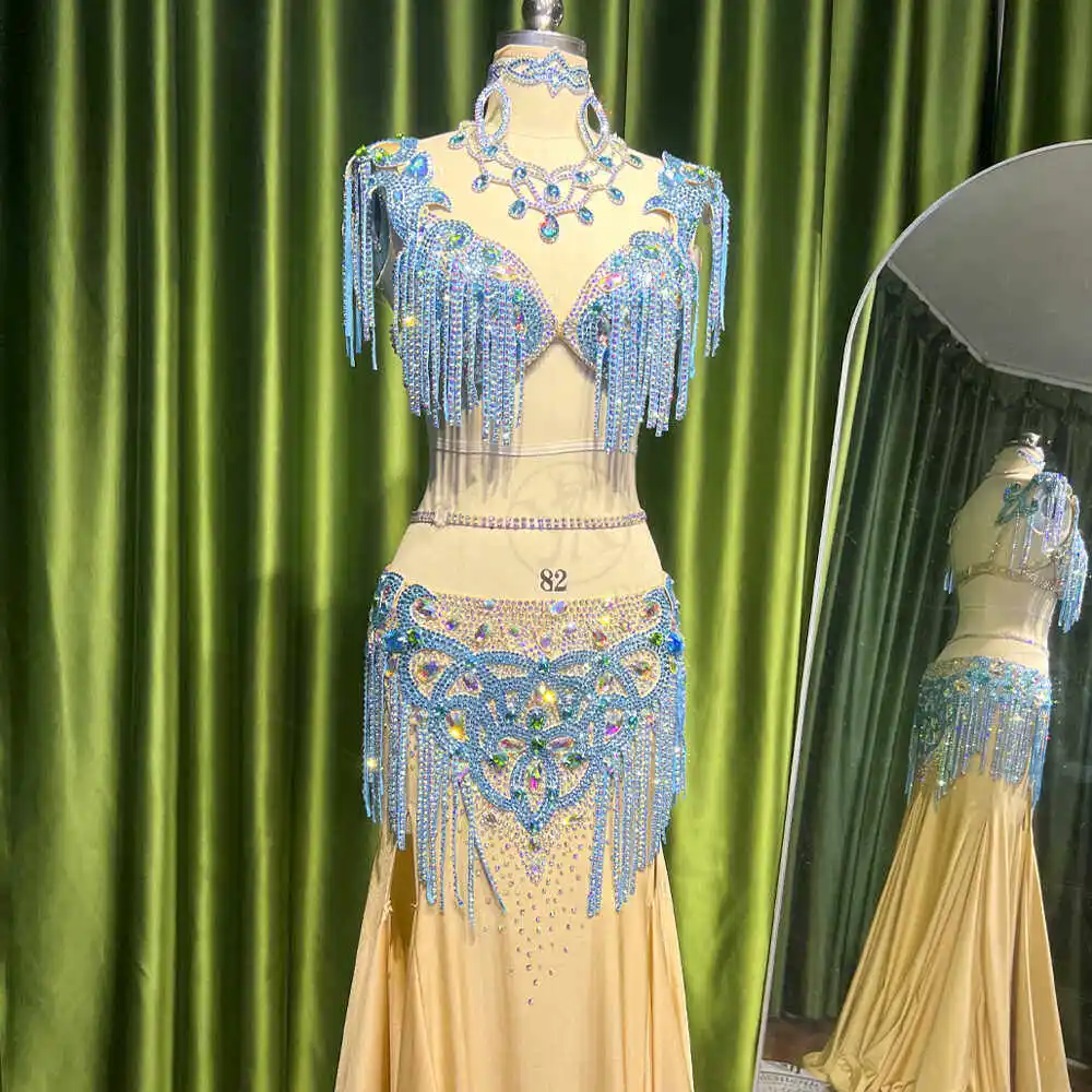 

Костюм для восточных танцев ручной работы для женщин, комплект из топа с бахромой из страз и пояса на бедра, наряд для выступлений для танцовщиц восточных танцев