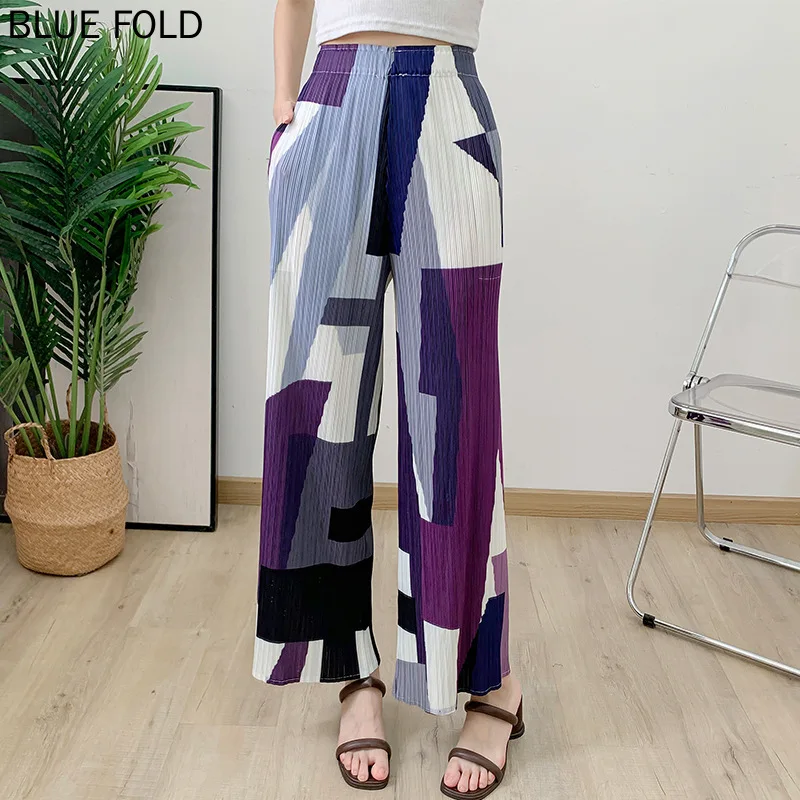 High-grade Pleated Versatile Casual Pants for Women Straight Printed Trousers High Waist Slim Drape Wide Leg Pants Autumn MIYAKE