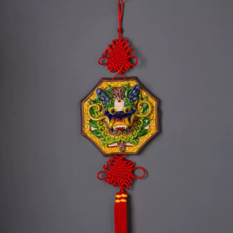 Jiaozhi Ceramic Dragon Head Wall Hanging Feng Shui Auspicious Decor for Living Room Traditional Chinese Talisman with Red Tassel