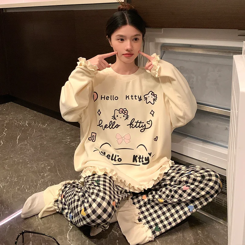 

Anime Hello Kitty Velvet Sleepwear Women's Autumn and Winter Cute Home Clothes Long Sleeve Long Pants Thin Velvet Sleepwear Gift