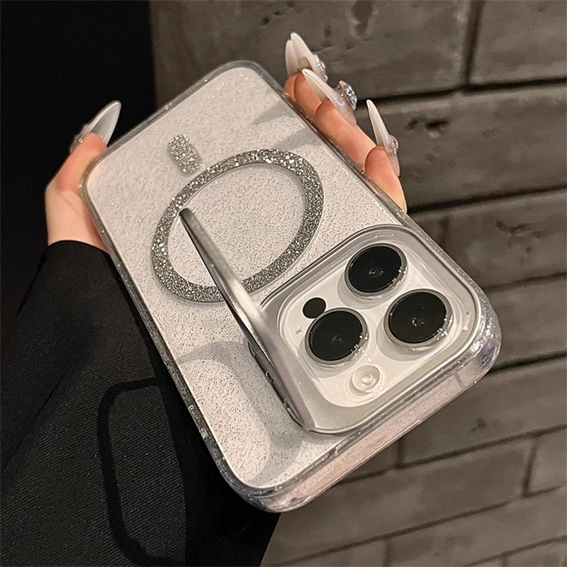 For Magsafe Magnetic Wireless Charge Glitter Clear Case For iPhone 15 14 13 12 11 Pro Max Camera Folding Holder Shockproof Cover