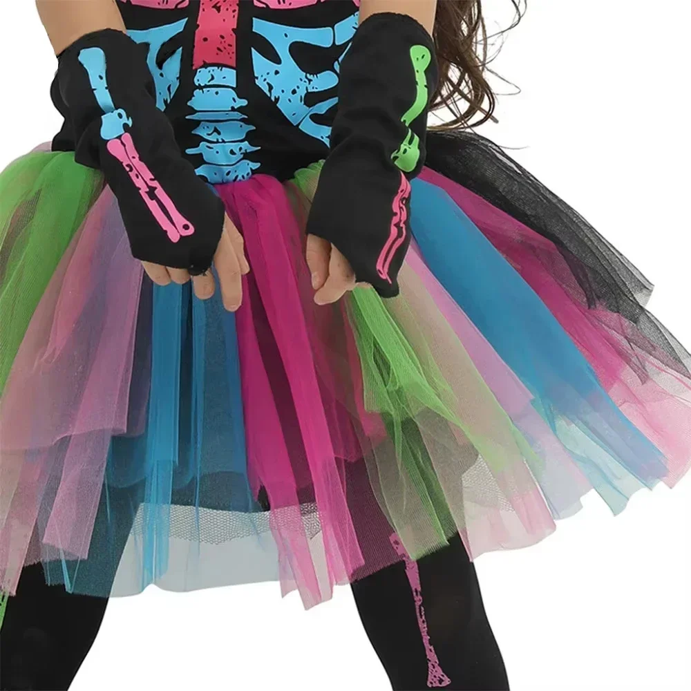 Kinder-Halloween-Hexen-Outfit für Mädchen, farbiges Skelettmuster, Tutu-Kleid, Leggings, Hut, Besen, Halskette, Süßigkeitentasche, Party-Kostüm-Set – Detail 9