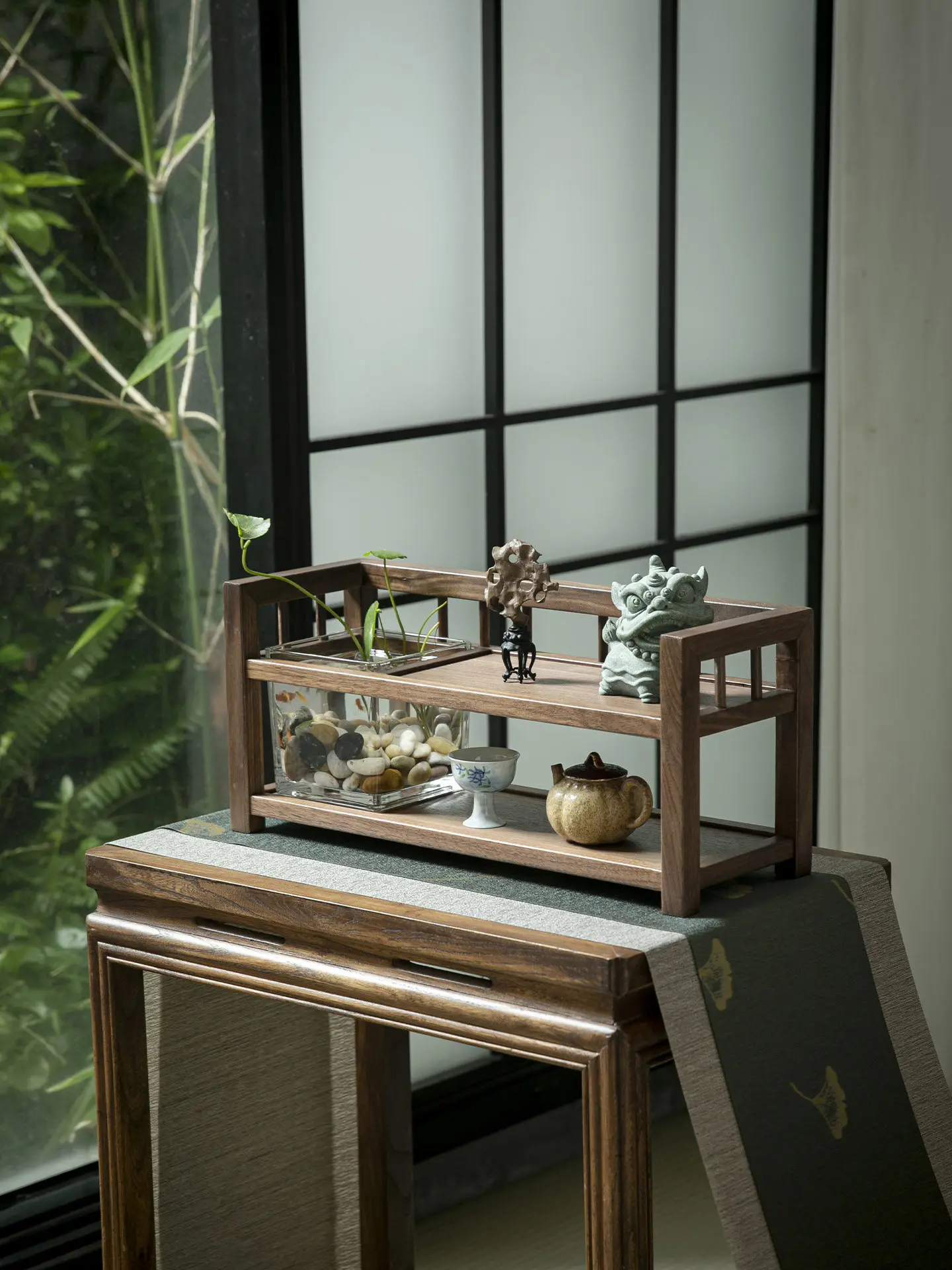 North American black walnut solid wood frame teacup kung fu tea set storage rack