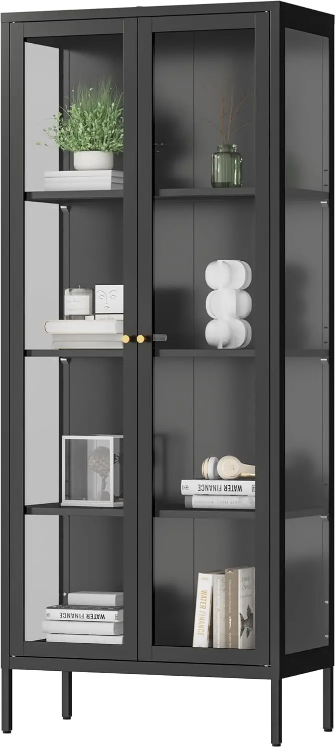 

Display Cabinet with 3 Side Tempered Glass, 66' Tall Curio Cabinet with Glass Doors, Black Display