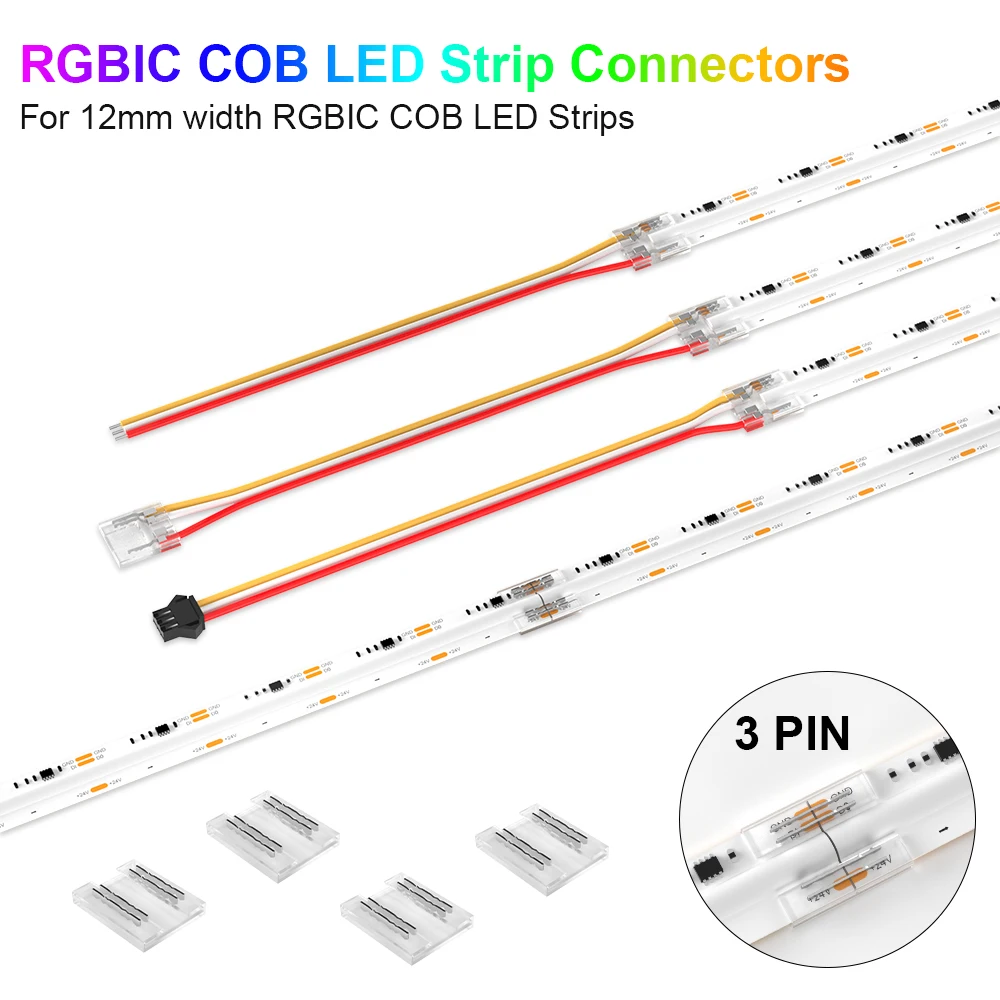 Złącze 3Pin 12mm do adresowalnego pasek COB LED kolor marzeń taśma LED 720 ledów szybko złącze LED bez lutowania