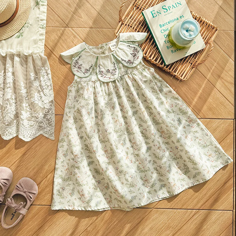 

Imported floral collar little duck embroidered girls' dress2026Summer sweet and cute sleeveless baby dress