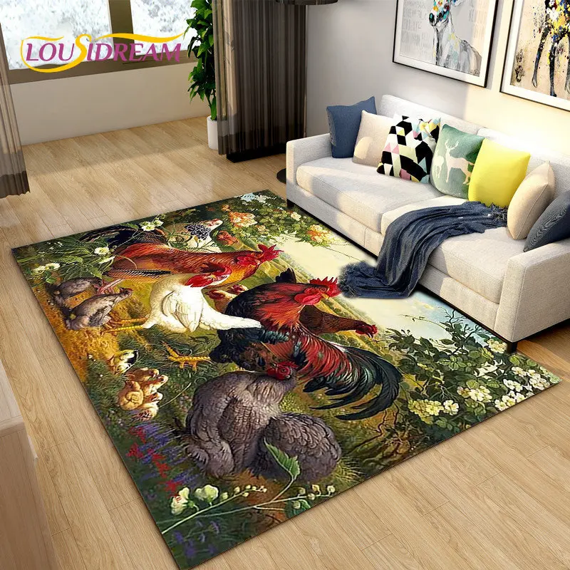 3D Rooster and Hen Chicken Area Rug Large,Carpet Rug for Living Room Bedroom Sofa Doormat Decoration,Kitchen Non-slip Floor Mat