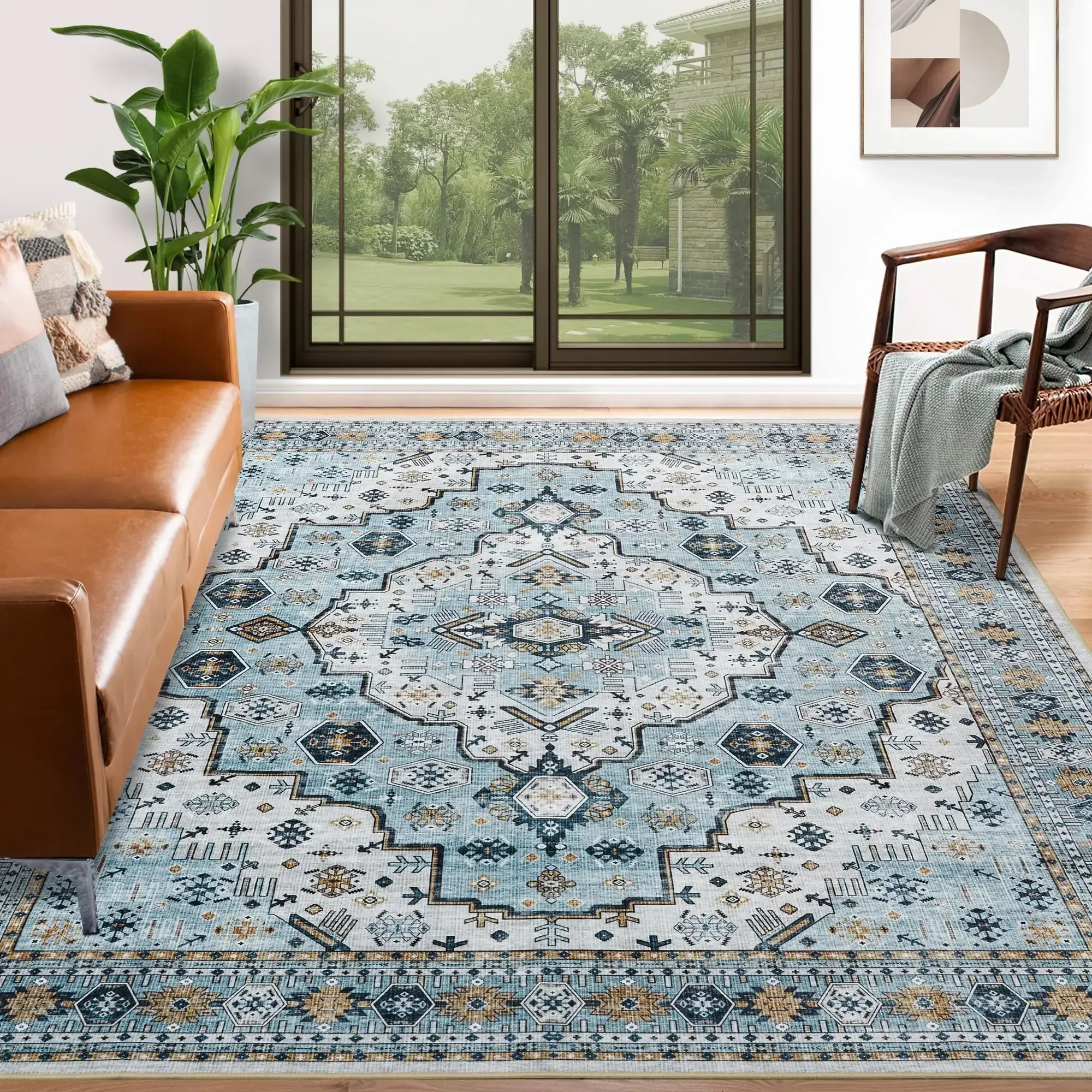 Washable Rug Living Room Rugs: 9x12 Area Rug Large Boho Medallion Distressed Carpets Indoor Soft Floor Anti Slip Carpet for Unde