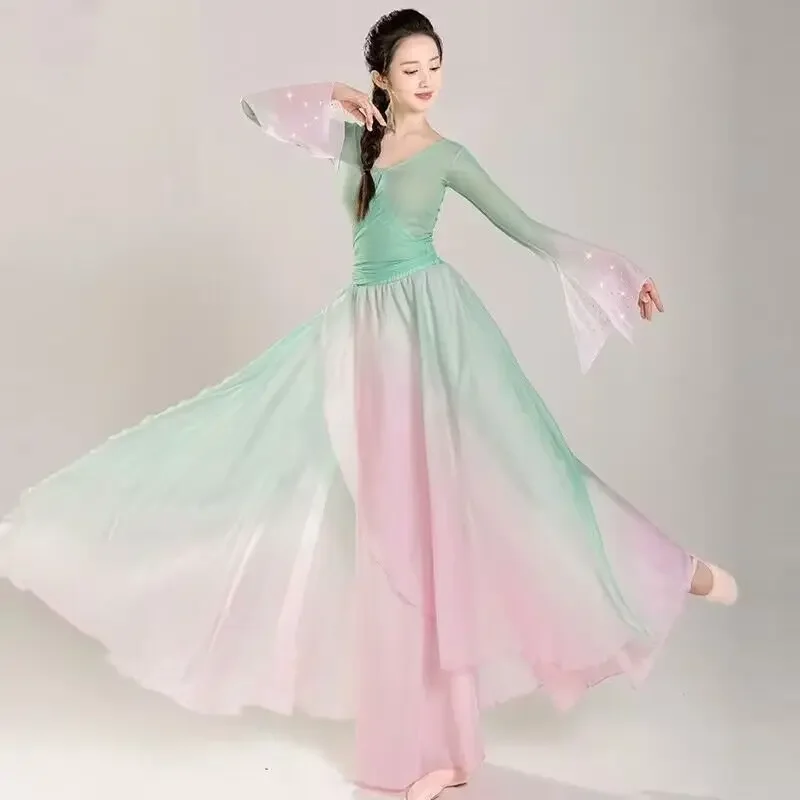 

Classical dancer performance costumes chiffon practice dance clothes body long outer green pink Chinese style folk dance dress