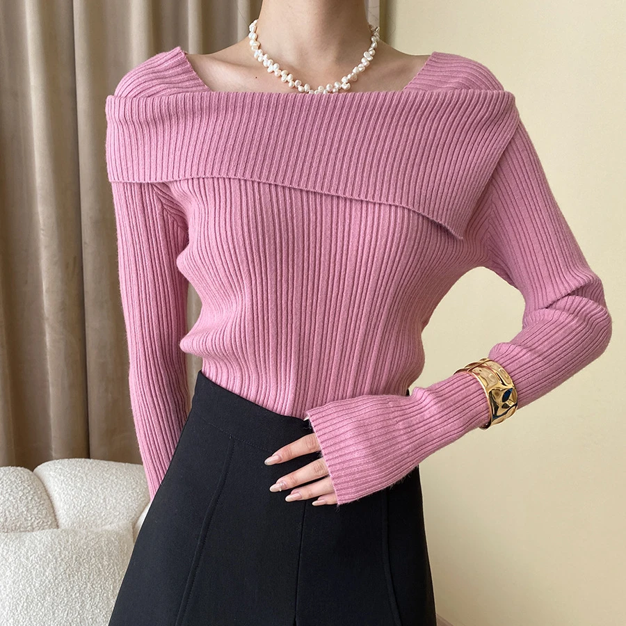 2023 New Women Autumn Good Quality Square Neck Sweater Slim Knitted Pullovers Long Sleeve Winter Sweater Pull Femme