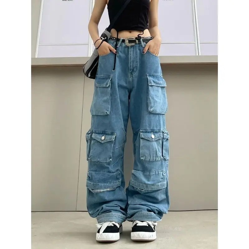 Pantalones Cargo lavados en azul con múltiples bolsillos, Jeans de cintura alta de moda Retro de calle alta, pantalones de pierna ancha casuales simples Harajuku para pareja, Y2k