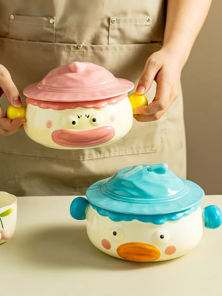 Cute ceramic instant noodle bowl with lid large creative cartoon clown ears girl soup bowl tableware.