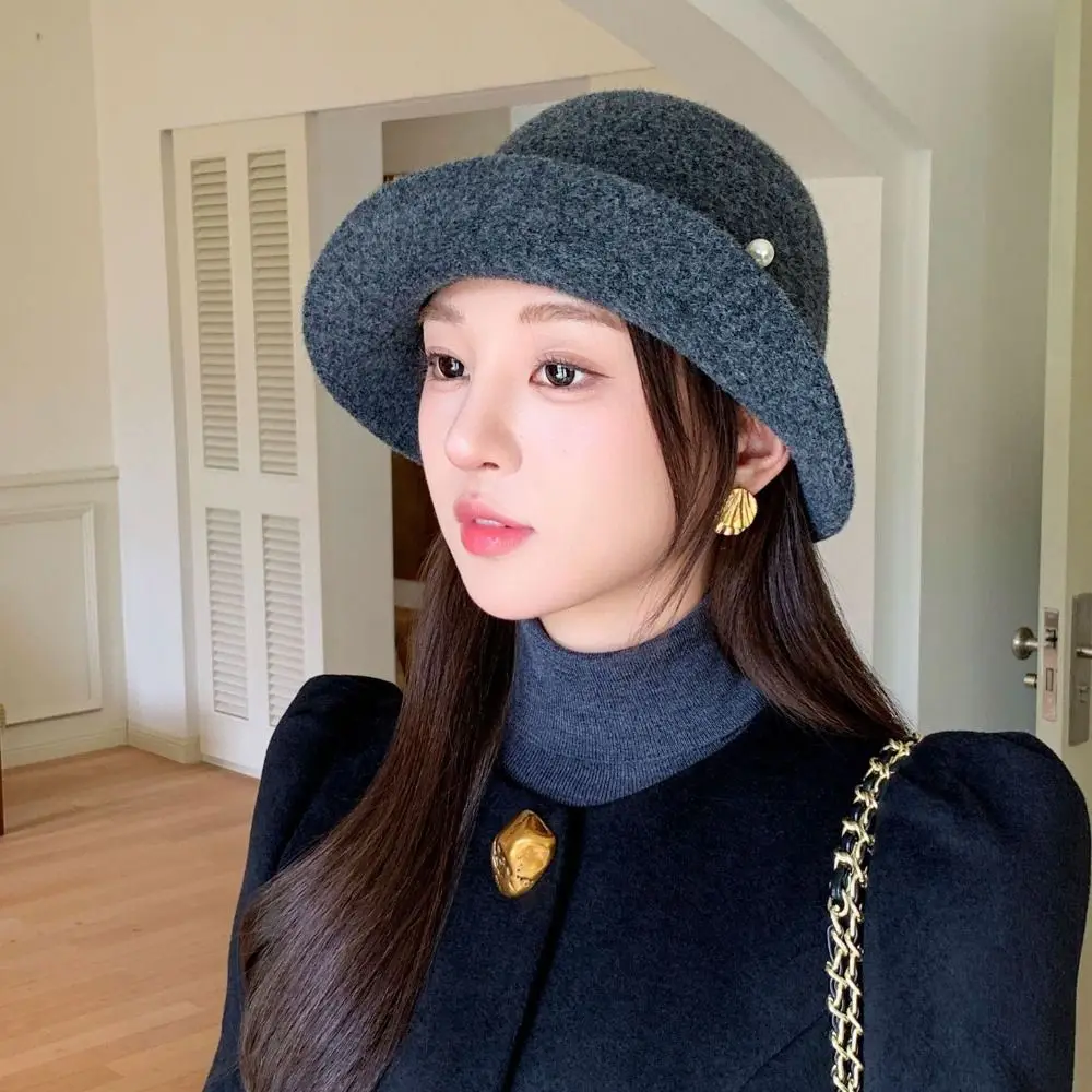 Fashion Retro Wool Blend Fedoras Hat Curled Brim Pearl Hepburn Style Topper Hat French Style Pure Color Women Formal Hat Ladies