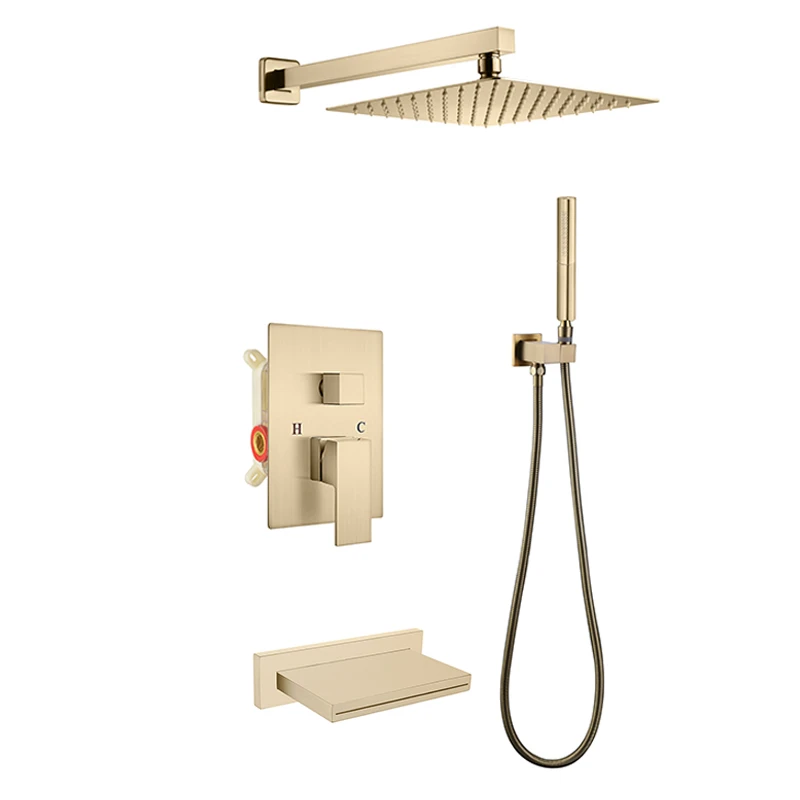 Hot Selling Brushed Gold Luxury Shower Bath Faucet In-wall Rainfall Bathroom Shower Set 3 Ways Hot and Cold Water Shower System