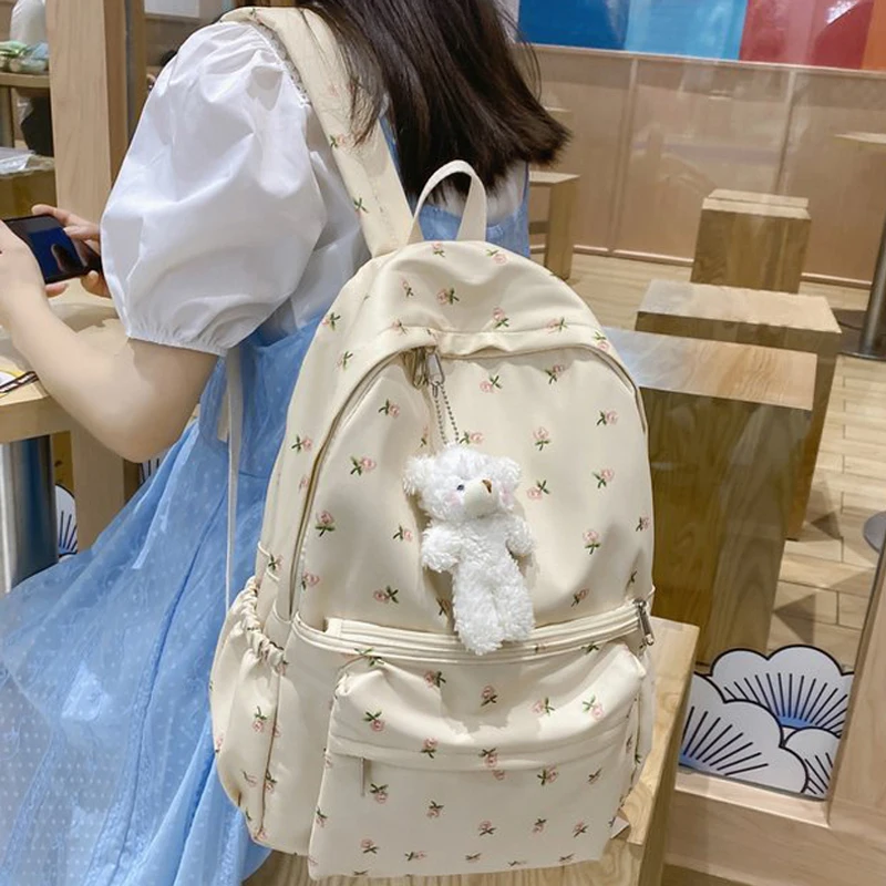 Cute Casual Floral Prints Women Backpack Girls Bookbags Large Capacity Students Khaki School Book Bags Travel Backpack Mochilas